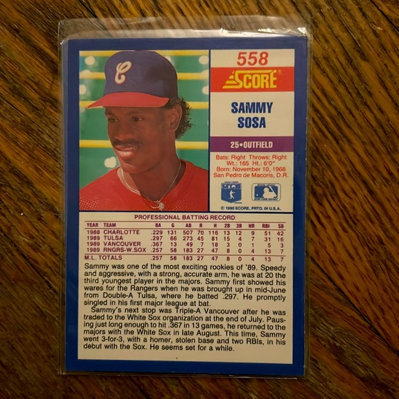 Sammy Sosa rare error card Score ‘90 #558 - Picture 2 of 2